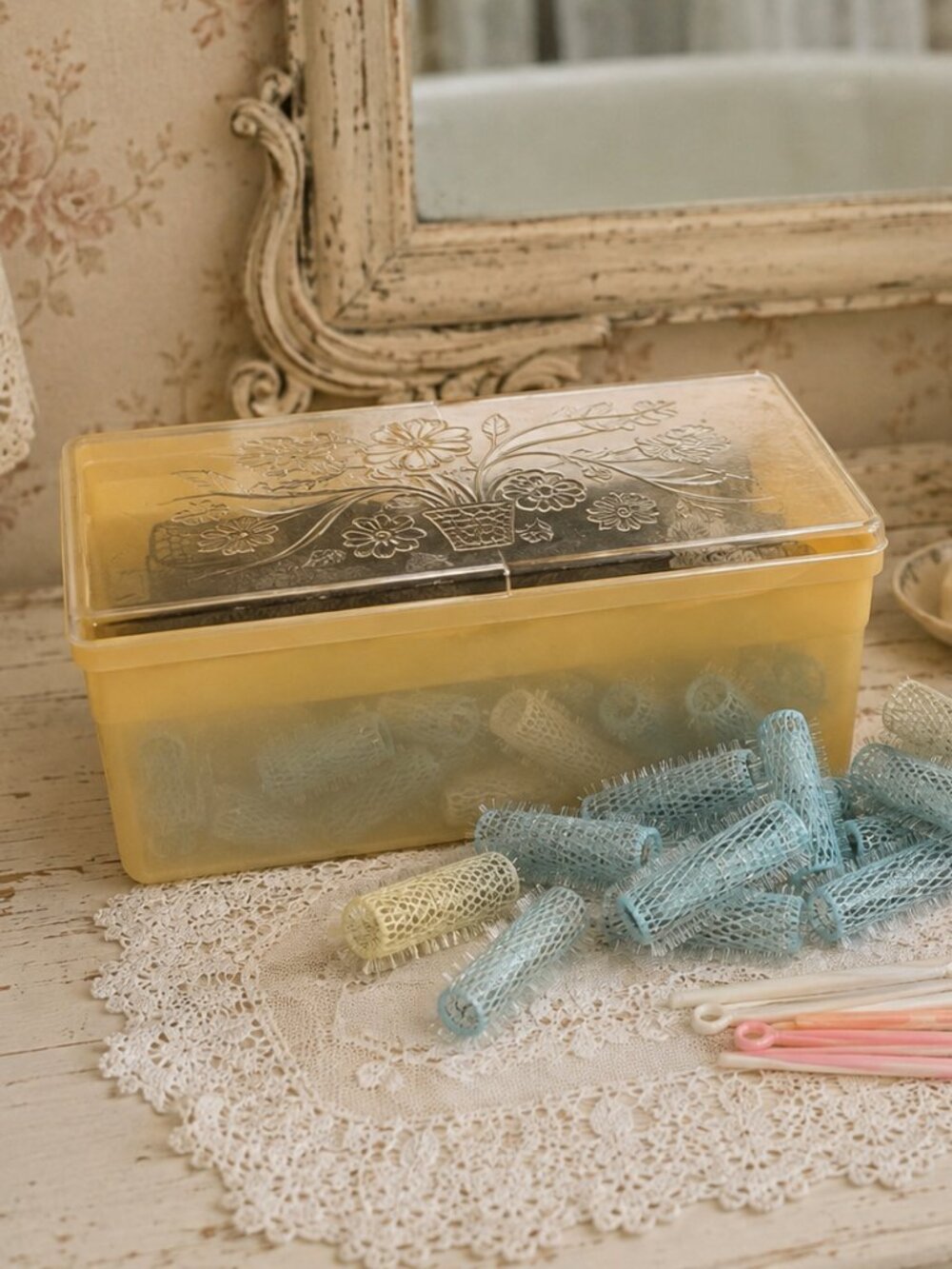 50s - 60s Vintage Hair Roller Set 72 Mesh Curlers Goody Clips Picks End Papers